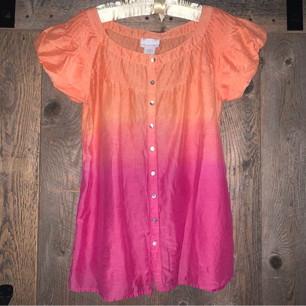 Women’s M SOFT SURROUNDINGS Orange Pink Ombré Peasant Top Cotton Silk SS Top EXC